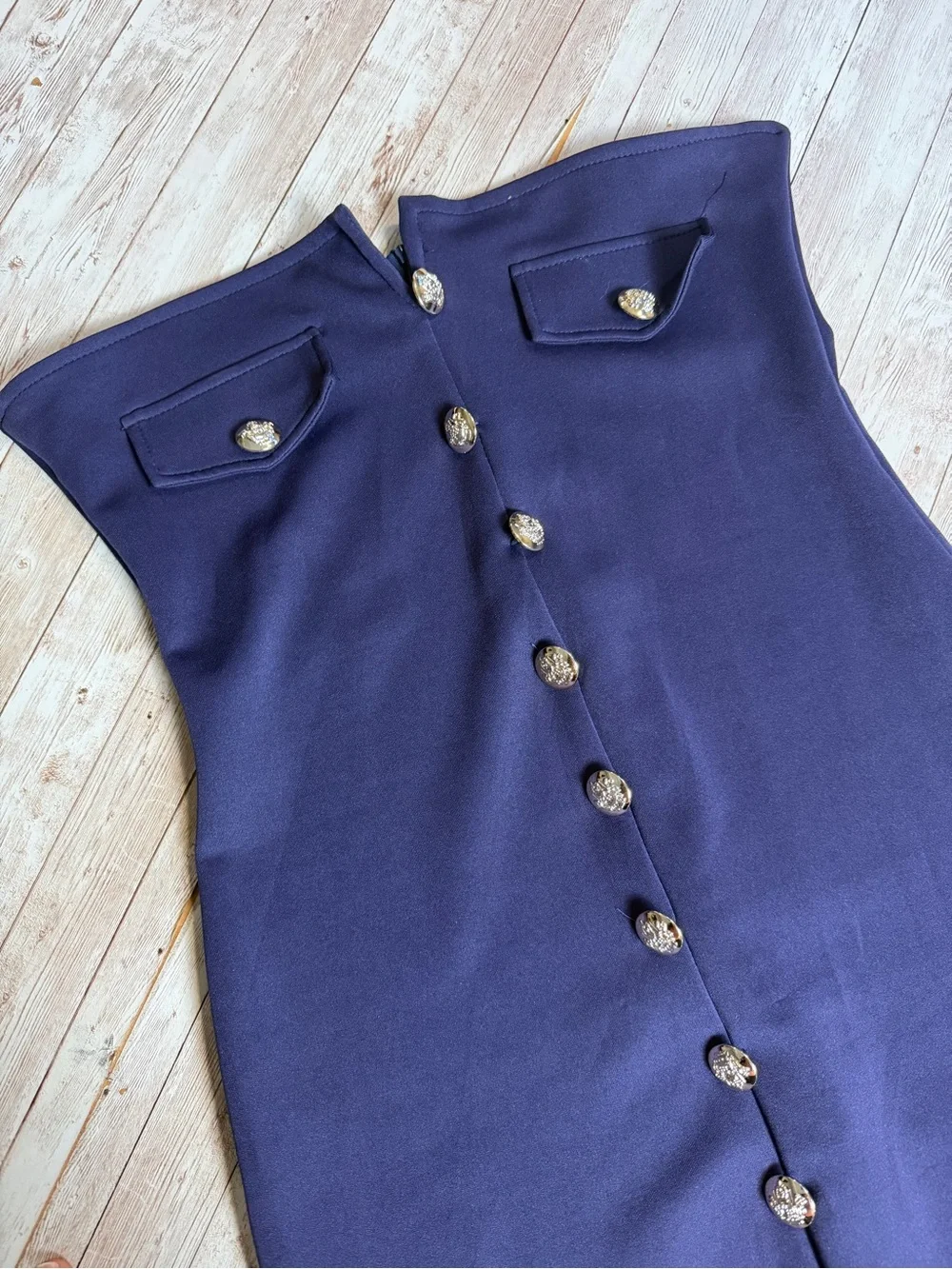 Strapless Navy Button-Front Sheath Dress - Picture 7 of 8